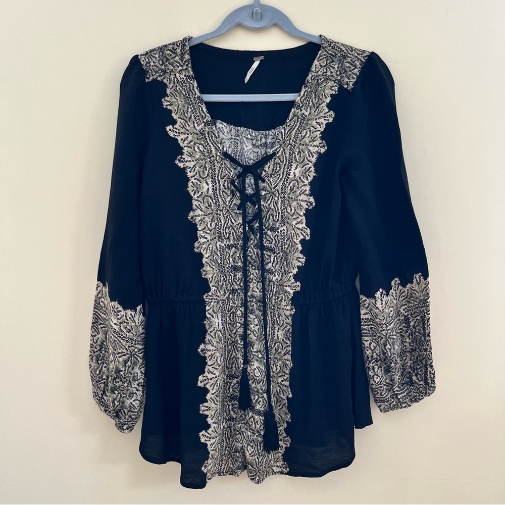Free People Black and Cream Lace Blouse